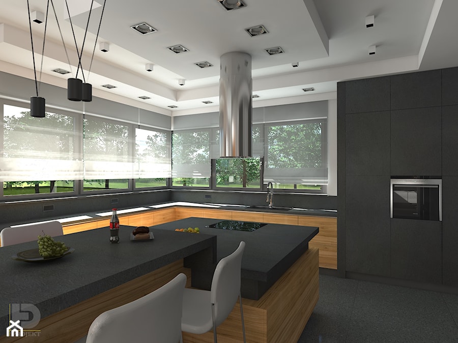 DOM JEDNORODZINNY - Duża z salonem biała czarna z zabudowaną lodówką z nablatowym zlewozmywakiem kuchnia w kształcie litery g z oknem, styl nowoczesny - zdjęcie od HD PROJEKT - Studio Projektowania Wnętrz