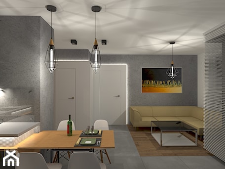 Aranżacje wnętrz - Salon: MENNICA - Apartament 49m2 - warianty aranżacji - Mały szary salon z kuchnią z jadalnią, styl minimalistyczny - HD PROJEKT - Studio Projektowania Wnętrz. Przeglądaj, dodawaj i zapisuj najlepsze zdjęcia, pomysły i inspiracje designerskie. W bazie mamy już prawie milion fotografii!