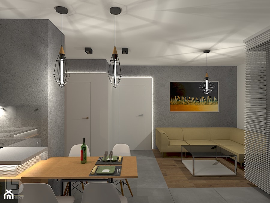 MENNICA - Apartament 49m2 - warianty aranżacji - Mały szary salon z kuchnią z jadalnią, styl minimalistyczny - zdjęcie od HD PROJEKT - Studio Projektowania Wnętrz