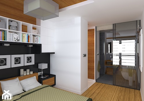 MENNICA - Apartament 49m2 - Średnia beżowa biała czarna sypialnia z łazienką, styl nowoczesny - zdjęcie od HD PROJEKT - Studio Projektowania Wnętrz