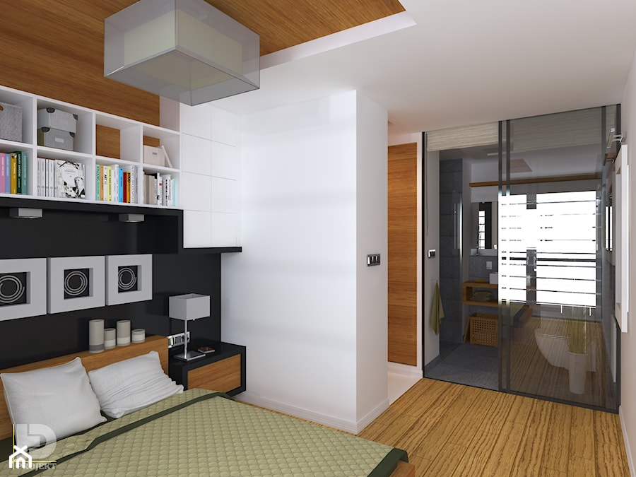 MENNICA - Apartament 49m2 - Średnia beżowa biała czarna sypialnia z łazienką, styl nowoczesny - zdjęcie od HD PROJEKT - Studio Projektowania Wnętrz