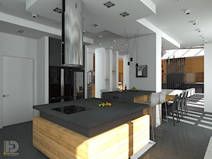 DOM JEDNORODZINNY - Średnia otwarta z kamiennym blatem biała z zabudowaną lodówką kuchnia jednorzędowa z wyspą lub półwyspem z oknem, styl nowoczesny - zdjęcie od HD PROJEKT - Studio Projektowania Wnętrz