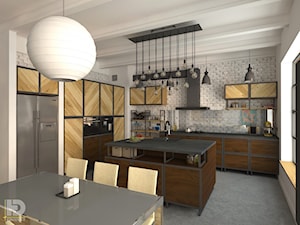 LOFT - Salon z aneksem kuchennym - Duża biała szara z zabudowaną lodówką z lodówką wolnostojącą z nablatowym zlewozmywakiem kuchnia dwurzędowa z wyspą lub półwyspem z oknem, styl industrialny - zdjęcie od HD PROJEKT - Studio Projektowania Wnętrz