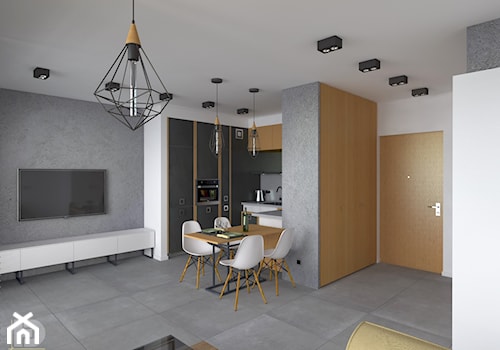 MENNICA - Apartament 49m2 - warianty aranżacji - Średni biały salon z kuchnią z jadalnią, styl minimalistyczny - zdjęcie od HD PROJEKT - Studio Projektowania Wnętrz