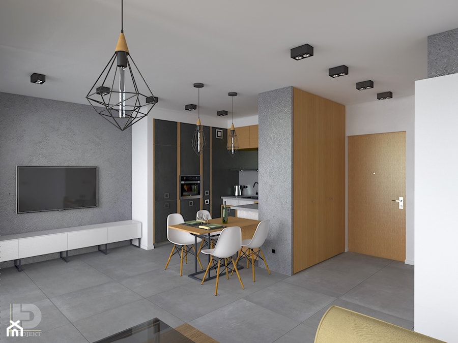 MENNICA - Apartament 49m2 - warianty aranżacji - Średni biały salon z kuchnią z jadalnią, styl minimalistyczny - zdjęcie od HD PROJEKT - Studio Projektowania Wnętrz