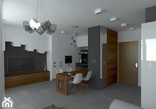 MENNICA - Apartament 49m2 - warianty aranżacji - Mały biały szary salon z kuchnią z jadalnią, styl nowoczesny - zdjęcie od HD PROJEKT - Studio Projektowania Wnętrz