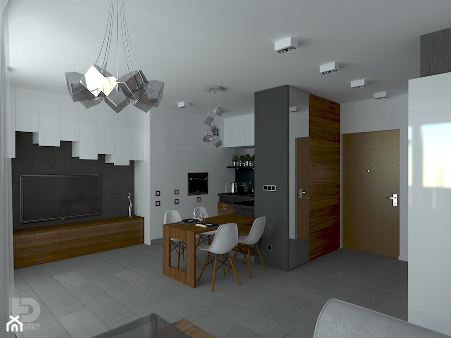 MENNICA - Apartament 49m2 - warianty aranżacji - Mały biały szary salon z kuchnią z jadalnią, styl nowoczesny - zdjęcie od HD PROJEKT - Studio Projektowania Wnętrz