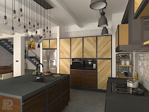 LOFT - Salon z aneksem kuchennym - Duża otwarta z salonem z nablatowym zlewozmywakiem kuchnia w kształcie litery l z wyspą lub półwyspem, styl industrialny - zdjęcie od HD PROJEKT - Studio Projektowania Wnętrz