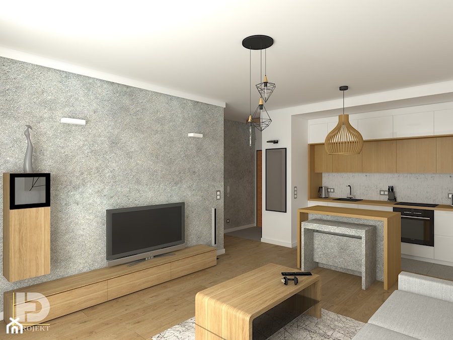VILLA NOBILE - Mieszkanie 48m2 - Mały biały szary salon z kuchnią z jadalnią, styl nowoczesny - zdjęcie od HD PROJEKT - Studio Projektowania Wnętrz
