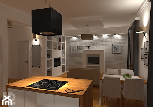 STARA KAMIENICA - Apartament 60m2 - Mały biały salon z kuchnią z jadalnią z bibiloteczką, styl nowoczesny - zdjęcie od HD PROJEKT - Studio Projektowania Wnętrz