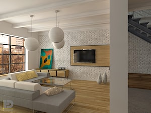 LOFT - Salon z aneksem kuchennym - Duży beżowy biały salon, styl industrialny - zdjęcie od HD PROJEKT - Studio Projektowania Wnętrz
