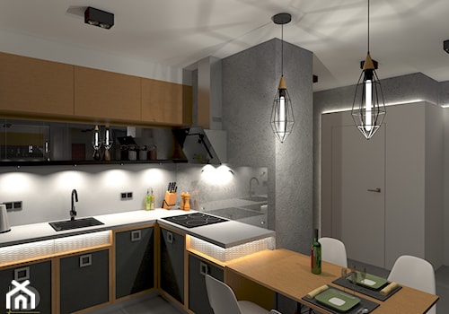 MENNICA - Apartament 49m2 - warianty aranżacji - Średnia otwarta z kamiennym blatem szara z zabudowaną lodówką z nablatowym zlewozmywakiem kuchnia w kształcie litery l, styl minimalistyczny - zdjęcie od HD PROJEKT - Studio Projektowania Wnętrz