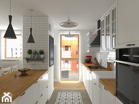 Aranżacje wnętrz - Kuchnia: ZEN GARDEN - Mieszkanie 68m2 - Średnia otwarta biała z zabudowaną lodówką z nablatowym zlewozmywakiem kuchnia dwurzędowa z wyspą lub półwyspem z oknem, styl skandynawski - HD PROJEKT - Studio Projektowania Wnętrz. Przeglądaj, dodawaj i zapisuj najlepsze zdjęcia, pomysły i inspiracje designerskie. W bazie mamy już prawie milion fotografii!