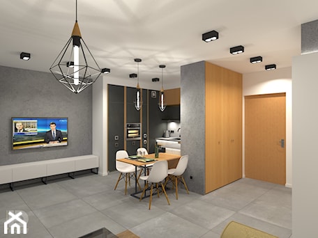 Aranżacje wnętrz - Salon: MENNICA - Apartament 49m2 - warianty aranżacji - Duży biały szary salon z kuchnią z jadalnią, styl minimalistyczny - HD PROJEKT - Studio Projektowania Wnętrz. Przeglądaj, dodawaj i zapisuj najlepsze zdjęcia, pomysły i inspiracje designerskie. W bazie mamy już prawie milion fotografii!