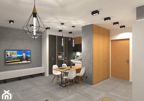 MENNICA - Apartament 49m2 - warianty aranżacji - Duży biały szary salon z kuchnią z jadalnią, styl minimalistyczny - zdjęcie od HD PROJEKT - Studio Projektowania Wnętrz