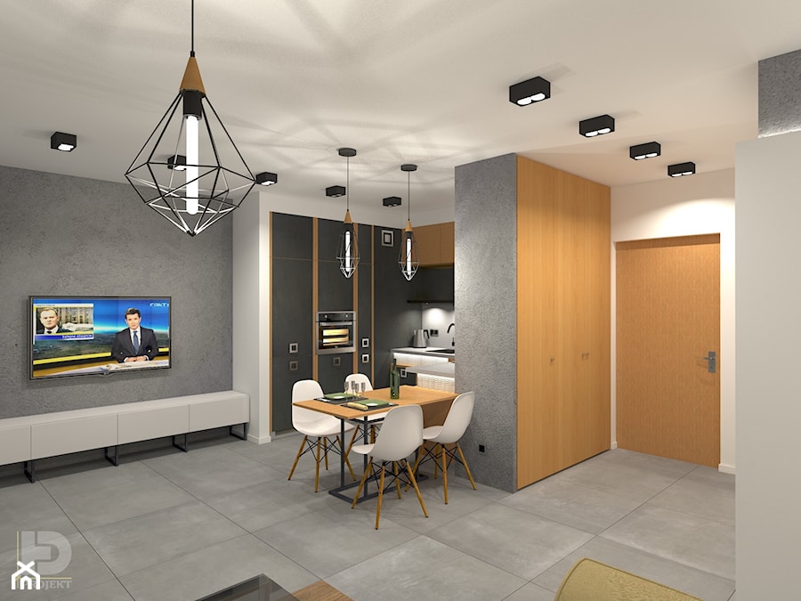 MENNICA - Apartament 49m2 - warianty aranżacji - Duży biały szary salon z kuchnią z jadalnią, styl minimalistyczny - zdjęcie od HD PROJEKT - Studio Projektowania Wnętrz