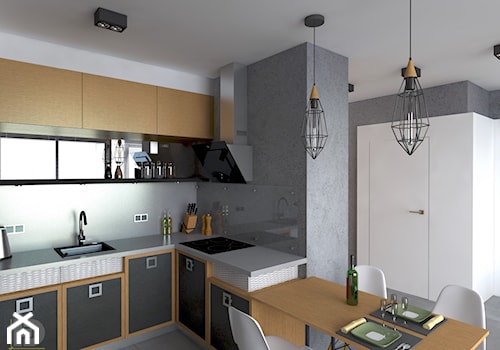 MENNICA - Apartament 49m2 - warianty aranżacji - Średnia otwarta z kamiennym blatem szara z zabudowaną lodówką z nablatowym zlewozmywakiem kuchnia w kształcie litery l, styl minimalistyczny - zdjęcie od HD PROJEKT - Studio Projektowania Wnętrz