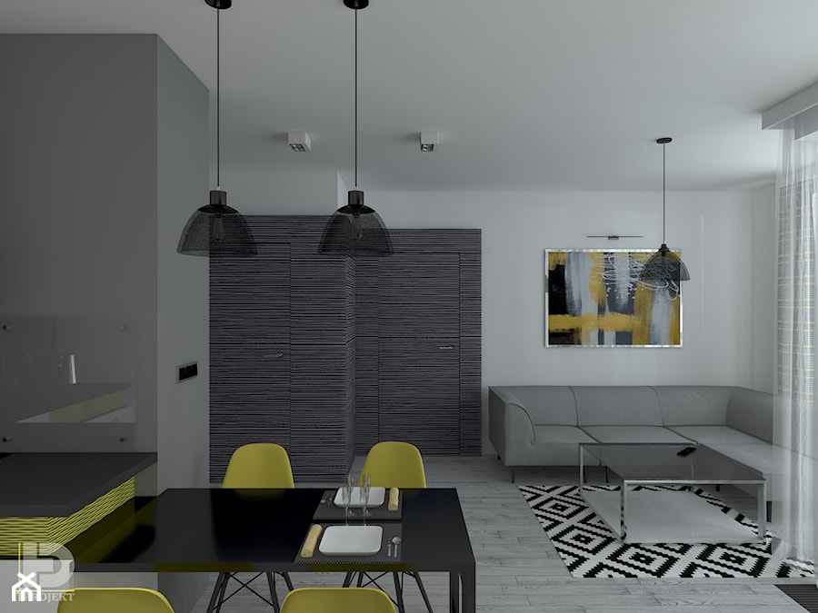 MENNICA - Apartament 49m2 - warianty aranżacji - Mały biały szary salon z jadalnią, styl nowoczesny - zdjęcie od HD PROJEKT - Studio Projektowania Wnętrz