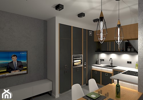 MENNICA - Apartament 49m2 - warianty aranżacji - Średnia otwarta z kamiennym blatem biała szara z zabudowaną lodówką z lodówką wolnostojącą z nablatowym zlewozmywakiem kuchnia w kształcie litery u, styl minimalistyczny - zdjęcie od HD PROJEKT - Studio Projektowania Wnętrz