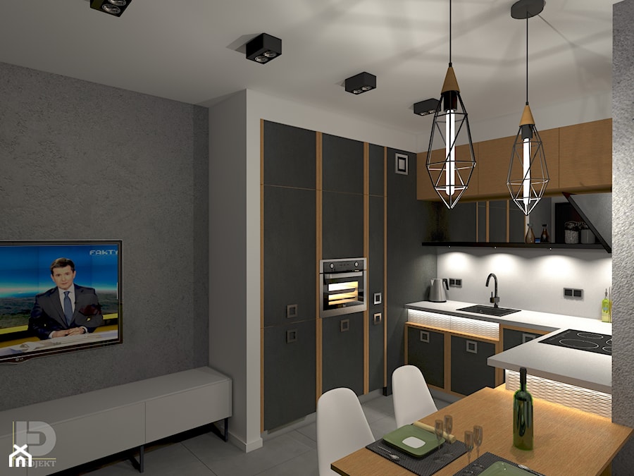 MENNICA - Apartament 49m2 - warianty aranżacji - Średnia otwarta z kamiennym blatem biała szara z zabudowaną lodówką z lodówką wolnostojącą z nablatowym zlewozmywakiem kuchnia w kształcie litery u, styl minimalistyczny - zdjęcie od HD PROJEKT - Studio Projektowania Wnętrz