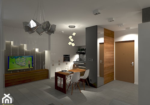 MENNICA - Apartament 49m2 - warianty aranżacji - Biały szary salon z kuchnią z jadalnią, styl nowoczesny - zdjęcie od HD PROJEKT - Studio Projektowania Wnętrz