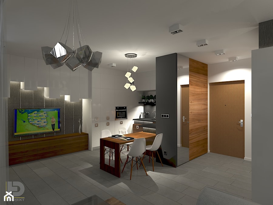 MENNICA - Apartament 49m2 - warianty aranżacji - Biały szary salon z kuchnią z jadalnią, styl nowoczesny - zdjęcie od HD PROJEKT - Studio Projektowania Wnętrz