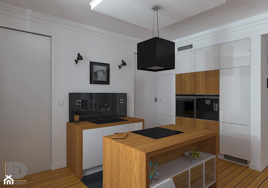 STARA KAMIENICA - Apartament 60m2 - Średnia otwarta biała z zabudowaną lodówką z podblatowym zlewozmywakiem kuchnia jednorzędowa z wyspą lub półwyspem, styl nowoczesny - zdjęcie od HD PROJEKT - Studio Projektowania Wnętrz