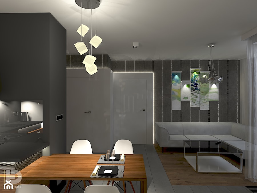 MENNICA - Apartament 49m2 - warianty aranżacji - Mały biały szary salon z kuchnią z jadalnią, styl nowoczesny - zdjęcie od HD PROJEKT - Studio Projektowania Wnętrz