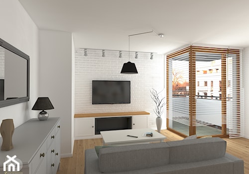 ZEN GARDEN - Mieszkanie 68m2 - Średni biały salon z tarasem / balkonem, styl skandynawski - zdjęcie od HD PROJEKT - Studio Projektowania Wnętrz