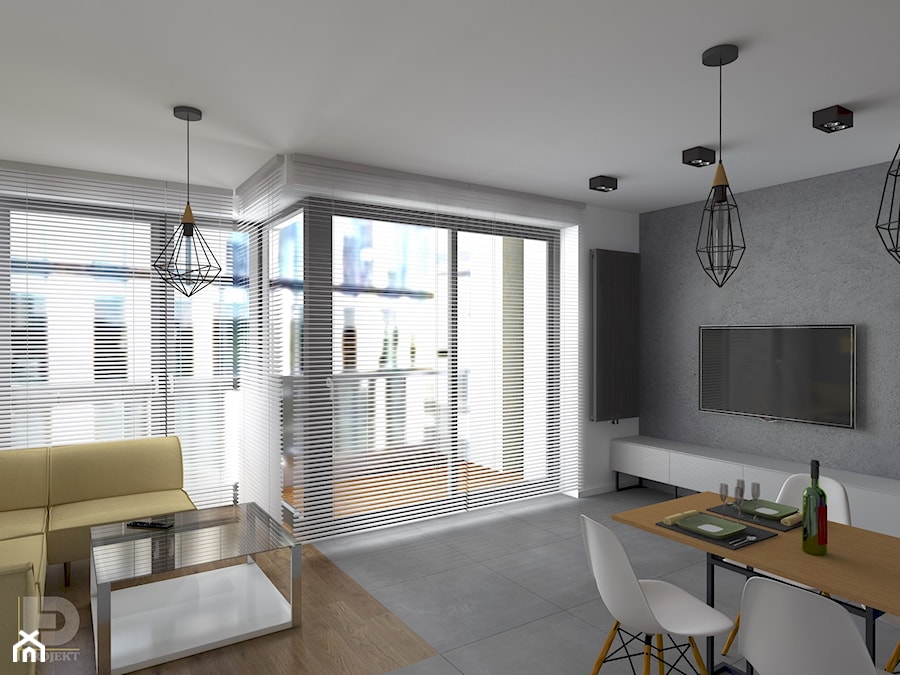 MENNICA - Apartament 49m2 - warianty aranżacji - Średni biały szary salon z jadalnią z tarasem / balkonem, styl minimalistyczny - zdjęcie od HD PROJEKT - Studio Projektowania Wnętrz