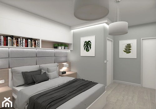 Pomysł na sypialnię - Duża szara sypialnia z garderobą z łazienką, styl skandynawski - zdjęcie od INDOMDESIGN