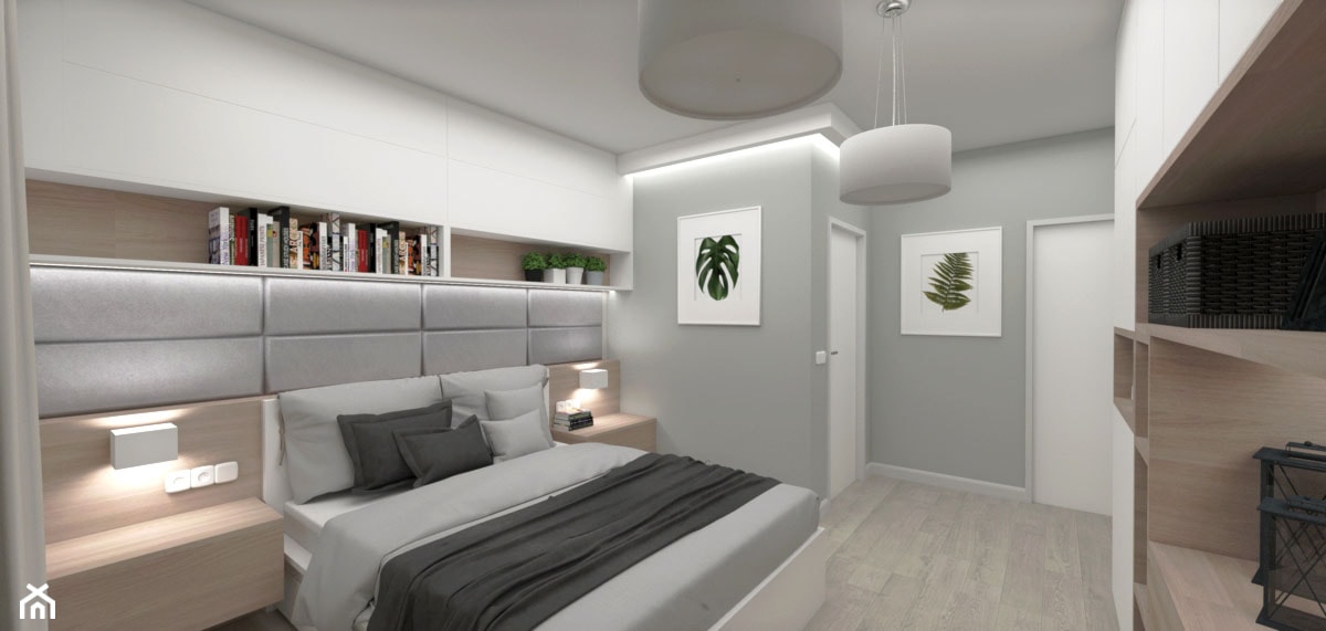 Pomysł na sypialnię - Duża szara sypialnia z garderobą z łazienką, styl skandynawski - zdjęcie od INDOMDESIGN - Homebook