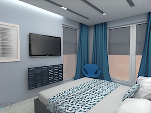 Pomysł na sypialnię - Średnia niebieska sypialnia z balkonem / tarasem, styl minimalistyczny - zdjęcie od INDOMDESIGN