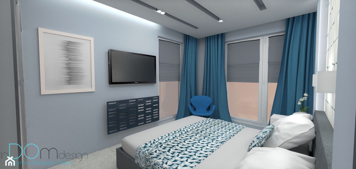 Pomysł na sypialnię - Średnia niebieska sypialnia z balkonem / tarasem, styl minimalistyczny - zdjęcie od INDOMDESIGN - Homebook