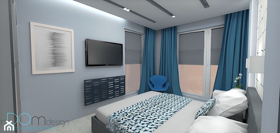 Pomysł na sypialnię - Średnia niebieska sypialnia z balkonem / tarasem, styl minimalistyczny - zdjęcie od INDOMDESIGN