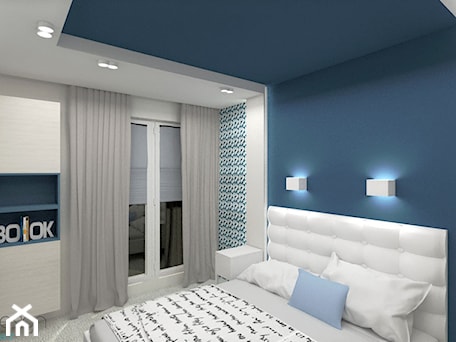Aranżacje wnętrz - Sypialnia: Pomysł na sypialnię - Średnia biała niebieska sypialnia, styl nowoczesny - INDOMDESIGN. Przeglądaj, dodawaj i zapisuj najlepsze zdjęcia, pomysły i inspiracje designerskie. W bazie mamy już prawie milion fotografii!
