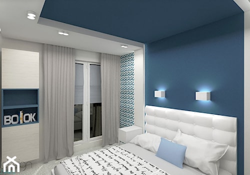 Pomysł na sypialnię - Średnia biała niebieska sypialnia, styl nowoczesny - zdjęcie od INDOMDESIGN