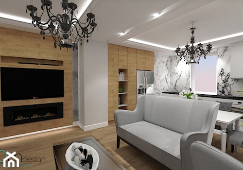 Nowoczesny glamour-mieszkanie - Duży biały szary salon z kuchnią z jadalnią, styl glamour - zdjęcie od INDOMDESIGN