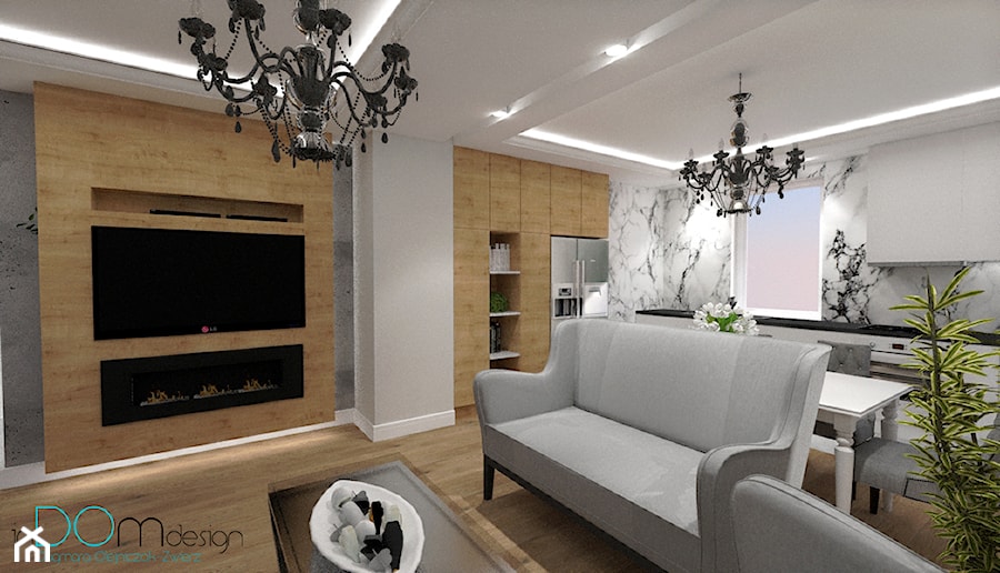 Nowoczesny glamour-mieszkanie - Duży biały szary salon z kuchnią z jadalnią, styl glamour - zdjęcie od INDOMDESIGN