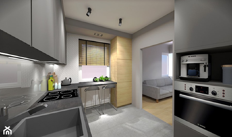 Kuchnia z łazienką w odcieniach szarości - Kuchnia, styl minimalistyczny - zdjęcie od INDOMDESIGN