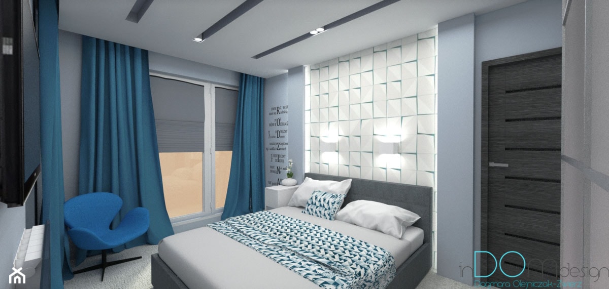 Pomysł na sypialnię - Mała niebieska sypialnia, styl nowoczesny - zdjęcie od INDOMDESIGN - Homebook