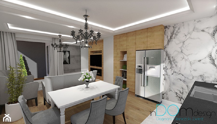Nowoczesny glamour-mieszkanie - Średnia biała szara jadalnia w salonie w kuchni, styl nowoczesny - zdjęcie od INDOMDESIGN