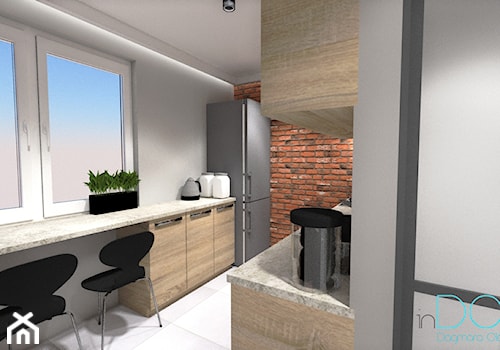 Mieszkanie dla singla - Średnia otwarta z kamiennym blatem biała z lodówką wolnostojącą kuchnia dwurzędowa z oknem, styl nowoczesny - zdjęcie od INDOMDESIGN
