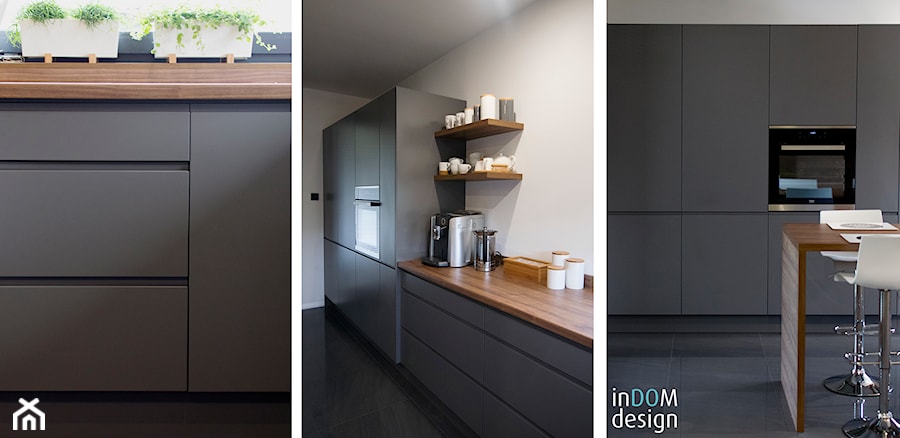 Dom - wnętrza w nowoczesnym wydaniu - Średnia zamknięta szara z zabudowaną lodówką z lodówką wolnostojącą kuchnia jednorzędowa, styl minimalistyczny - zdjęcie od INDOMDESIGN