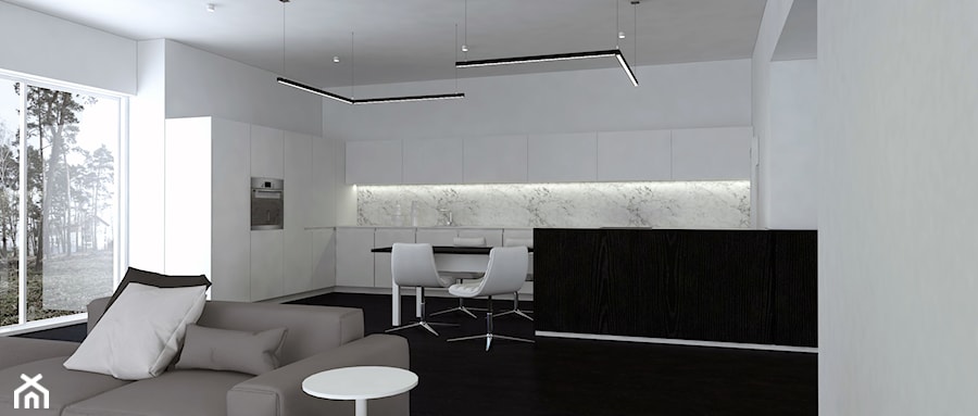- No.4 Kitchen - Duża otwarta z salonem z kamiennym blatem biała z zabudowaną lodówką kuchnia w kształcie litery l z oknem z marmurem nad blatem kuchennym, styl minimalistyczny - zdjęcie od Designed by M