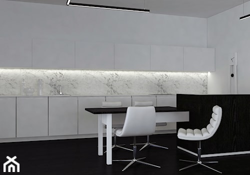 - No.4 Kitchen - Średnia otwarta z kamiennym blatem biała z zabudowaną lodówką kuchnia jednorzędowa z marmurem nad blatem kuchennym z marmurową podłogą, styl minimalistyczny - zdjęcie od Designed by M