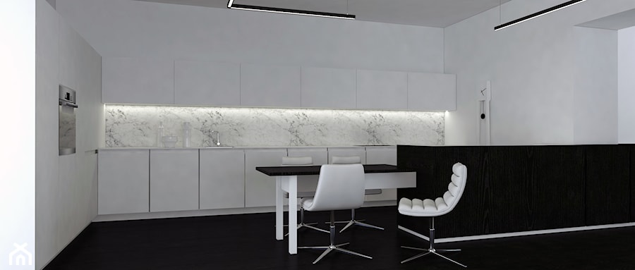 - No.4 Kitchen - Średnia otwarta z kamiennym blatem biała z zabudowaną lodówką kuchnia jednorzędowa z marmurem nad blatem kuchennym z marmurową podłogą, styl minimalistyczny - zdjęcie od Designed by M