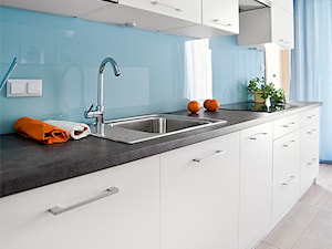 Apartament do wynajęcia_projekt - Średnia otwarta z salonem z kamiennym blatem niebieska z zabudowaną lodówką z podblatowym zlewozmywakiem kuchnia jednorzędowa, styl nowoczesny - zdjęcie od re-ARCH Home Staging