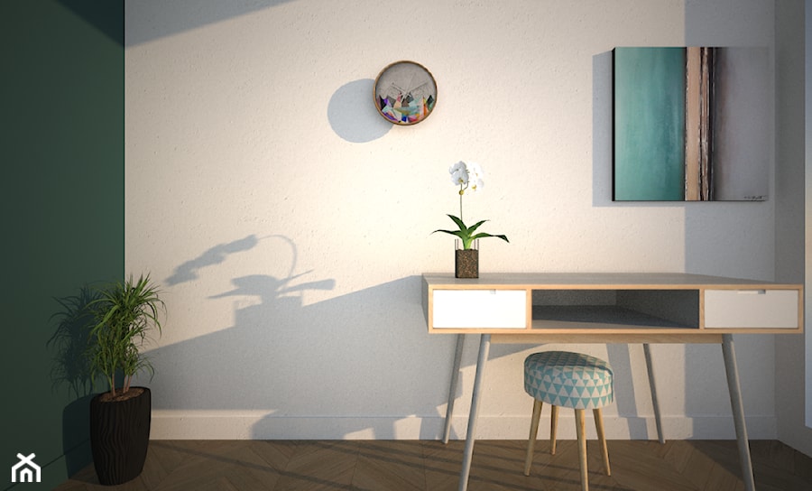 Mieszkanie na Warszawskim Ursynowie - Małe szare zielone biuro, styl minimalistyczny - zdjęcie od Free Mind Design