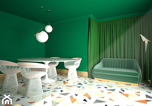 Szmaragdowy pokój telewizyjny - Mały zielony salon z jadalnią, styl glamour - zdjęcie od Katarzyna Gruca Projektowanie Wnętrz
